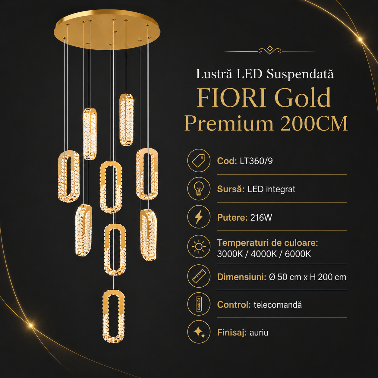 Lustra LED Suspendata FIORI Gold Premium Echivalent 1000W Telecomanda