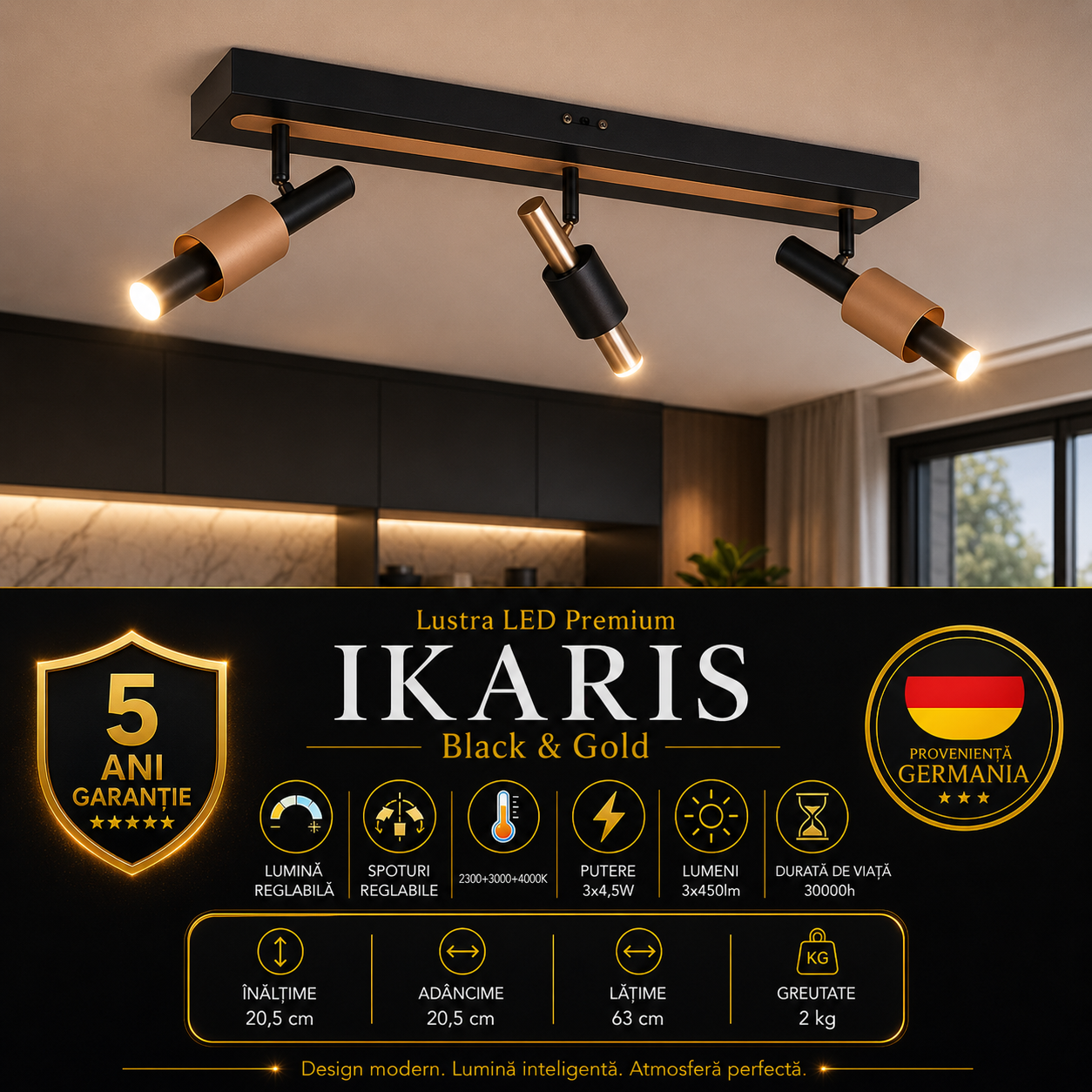 Lustra LED Premium IKARIS Black & Gold cu 3 Spoturi Reglabile
