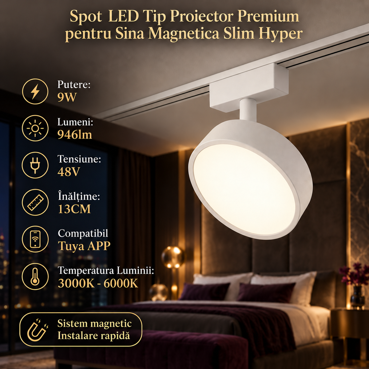 Spot LED Magnetic Rotund Premium Hyper White 9W | ⌀9.5CM | 48V | 3 Tipuri de Lumina