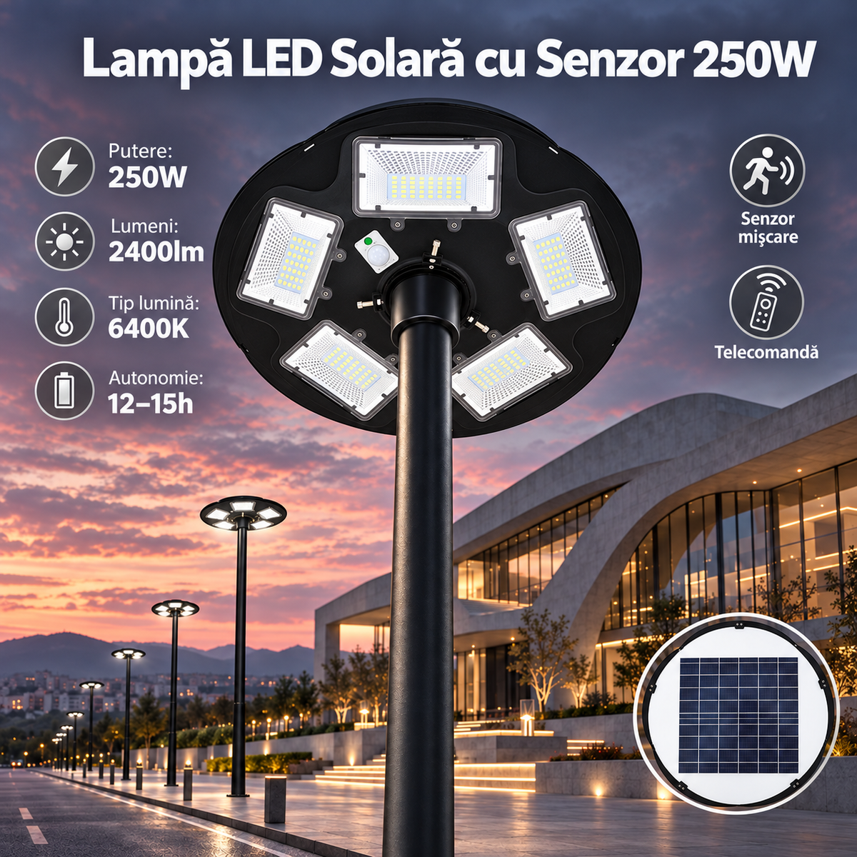 Lampa LED Solara Combat cu Senzor Miscare si Telecomanda 250W | 6400K
