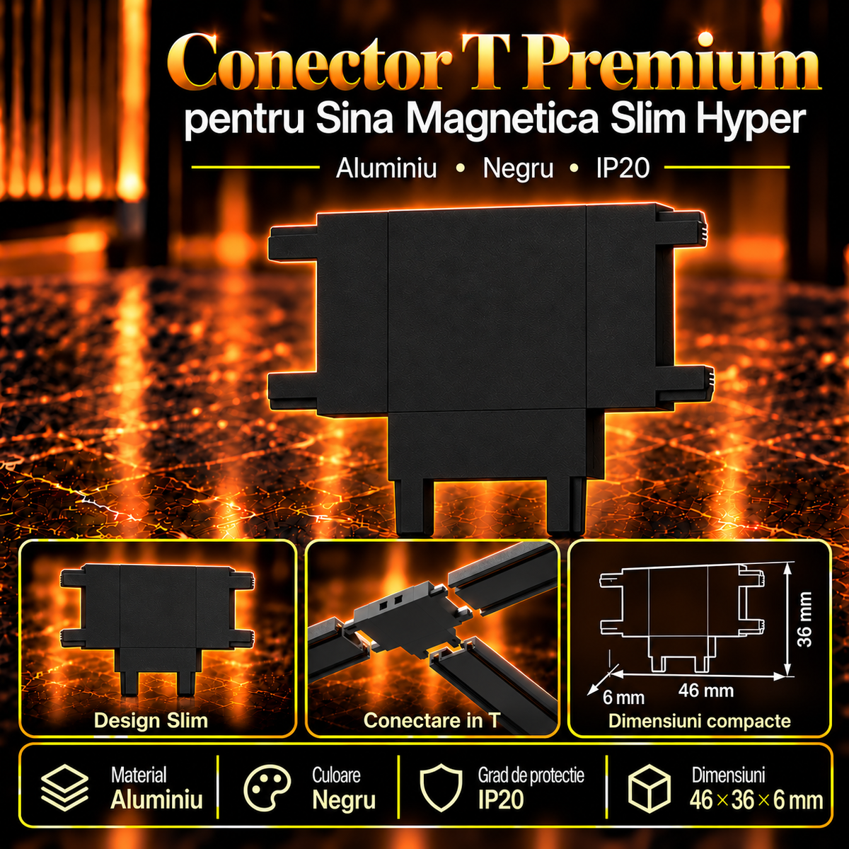 Conector T Premium Black pentru Sina Magnetica Hyper