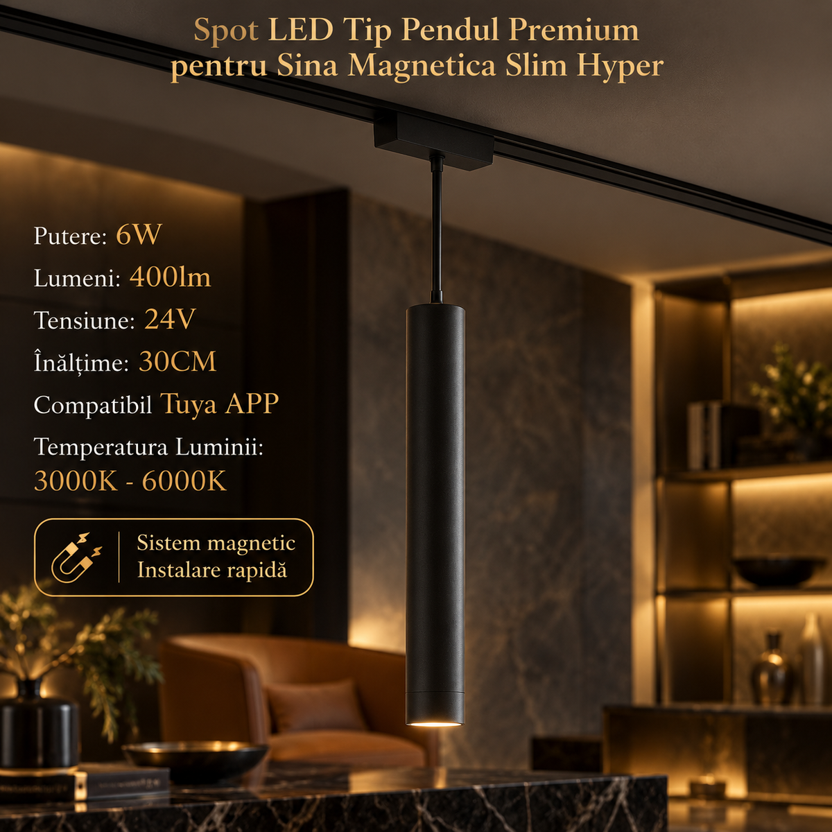 Spot LED Magnetic Tip Pendul Premium Hyper Black 6W | H30CM | 24V | 3 Tipuri de Lumina