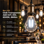 Bec LED Glob Transparent A60 | E27 | 6W | 6500K | 660lm