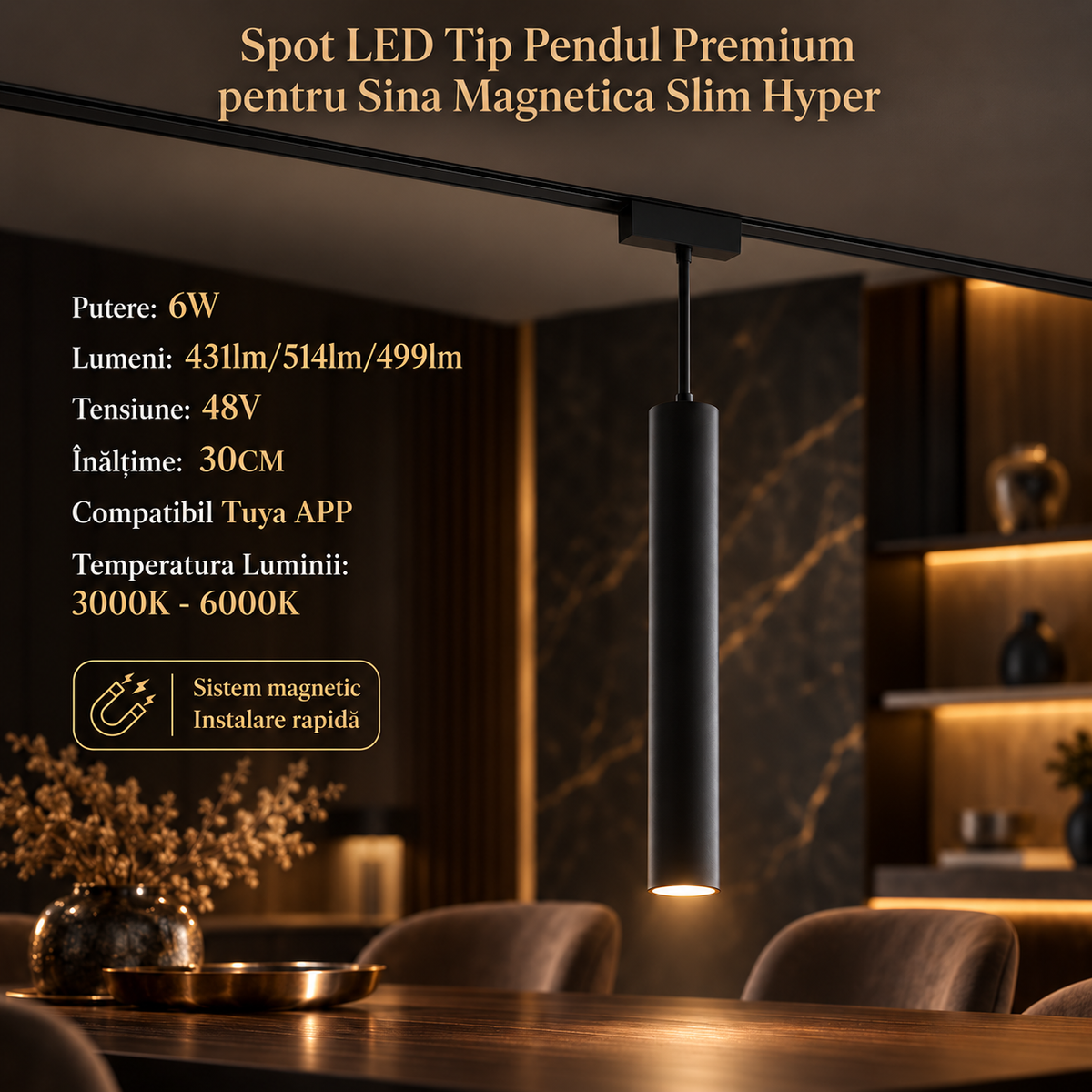 Spot LED Magnetic Tip Pendul Premium Hyper Black 6W | H30CM | 48V | 3 Tipuri de Lumina