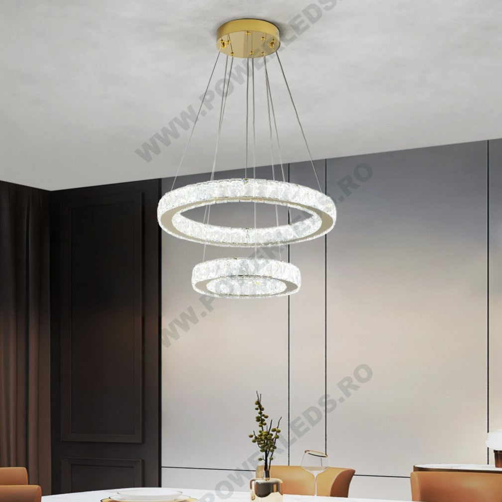 Lustra LED Cristal GOLD 2 Segmente Telecomanda Echivalent 600W