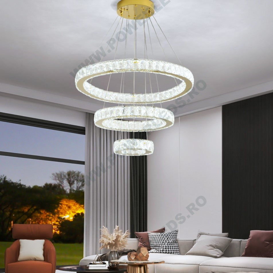 Lustra LED Cristal GOLD 3 Segmente Telecomanda Echivalent 800W