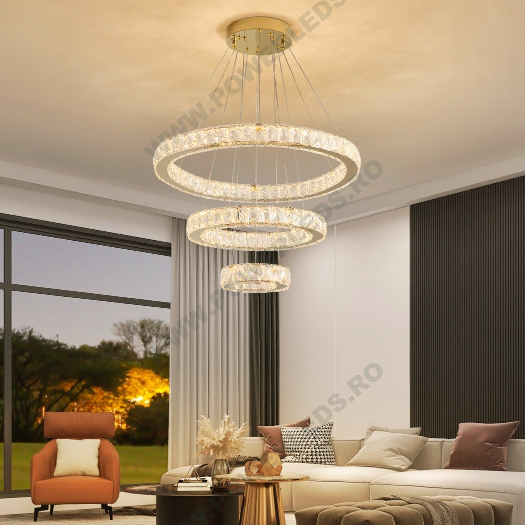 Lustra LED Cristal GOLD 3 Segmente Telecomanda Echivalent 800W