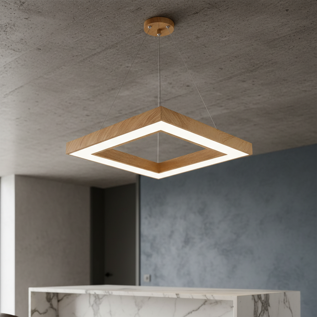 Lustra LED Suspendata RENZO Square Wood Telecomanda Echivalent 300W