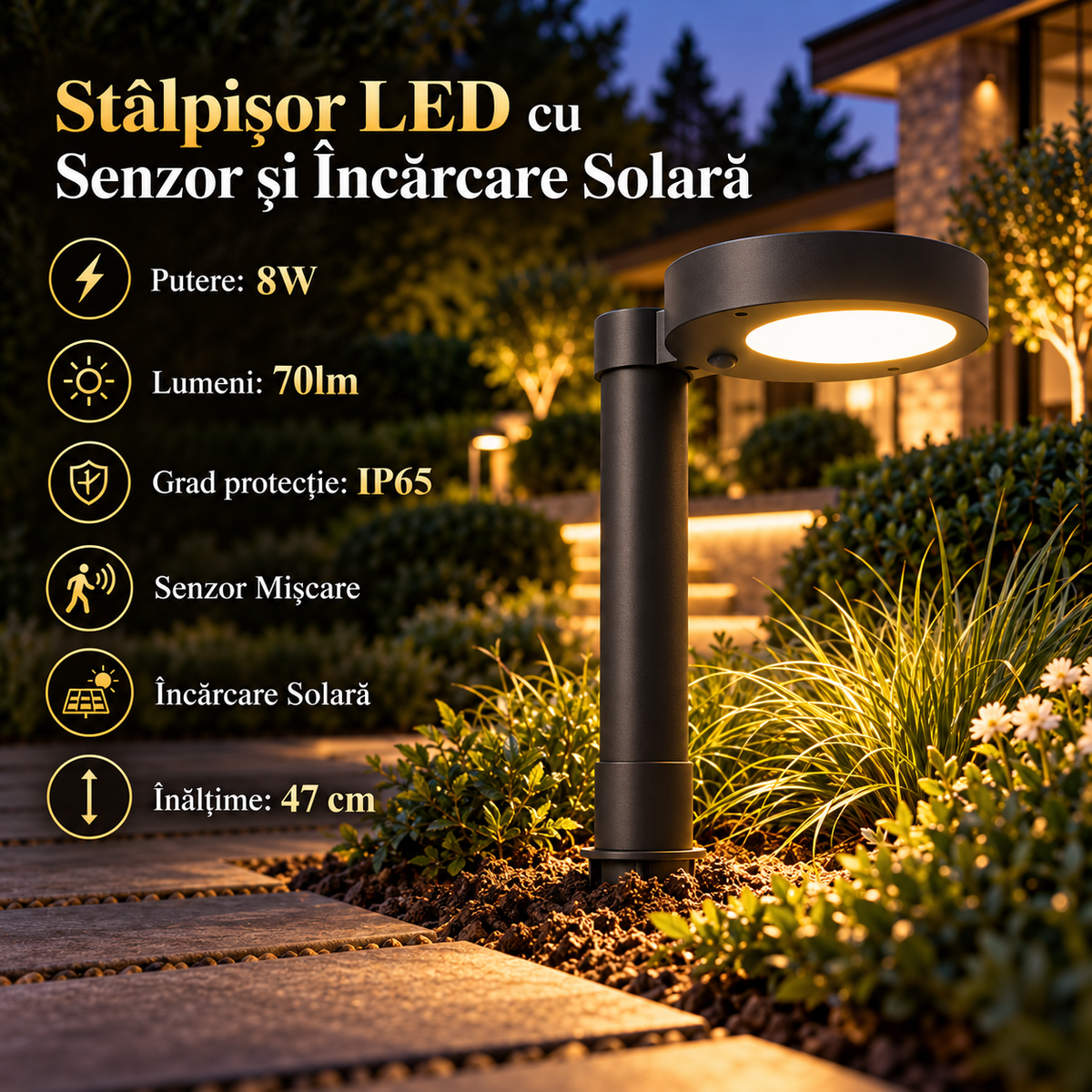 Stalpisor de Gradina cu Incarcare Solara si Senzor Spike Black IP65 47CM