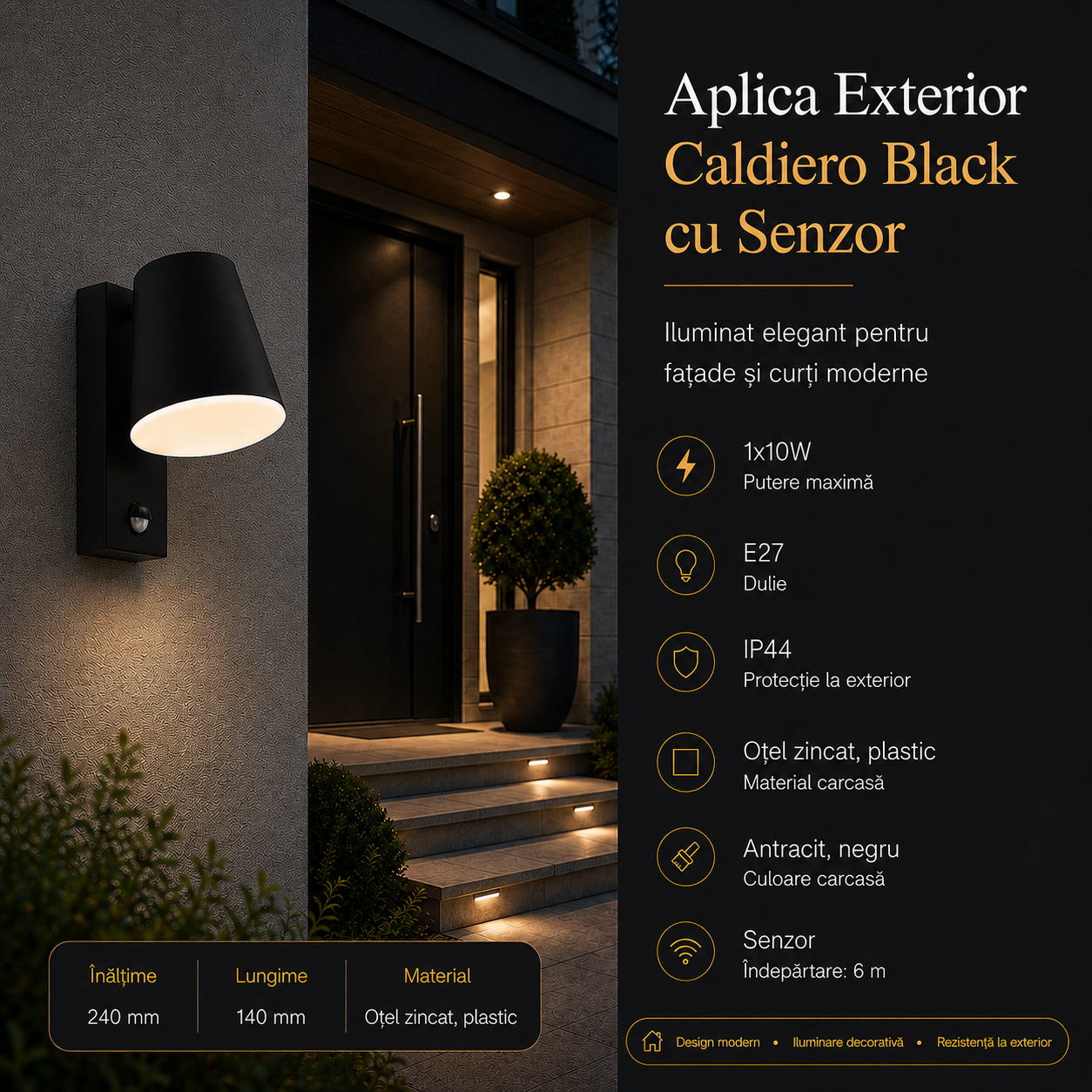 Aplica Exterior Caldiero cu Senzor 1xE27 Eglo IP44