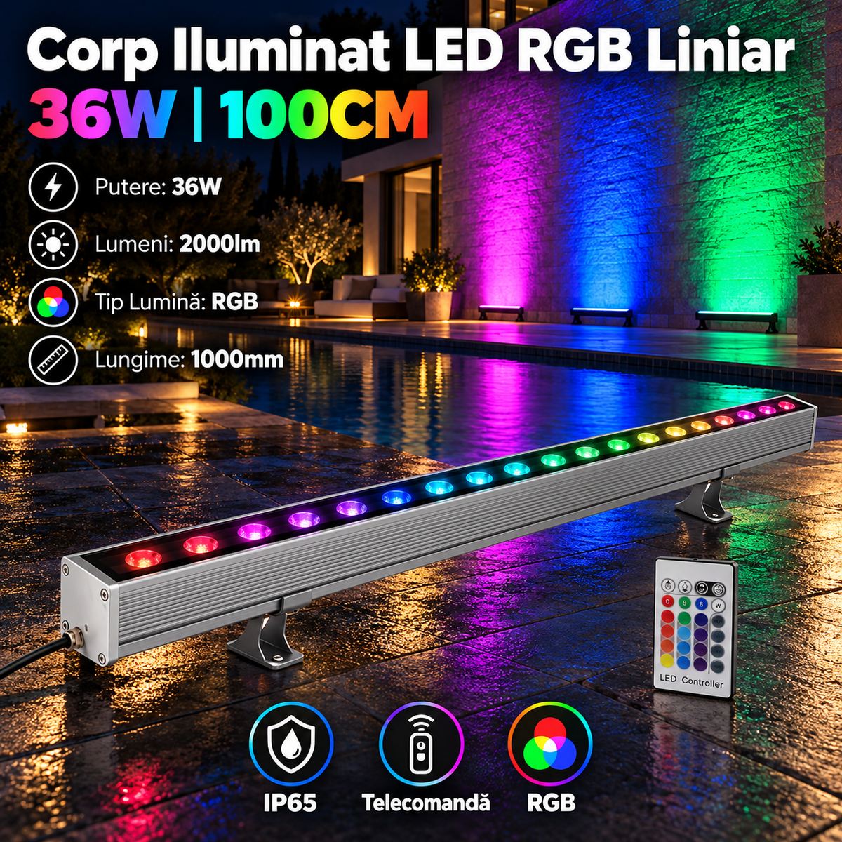 Corp Iluminat LED Arhitectural RGB 36W 100cm IP65