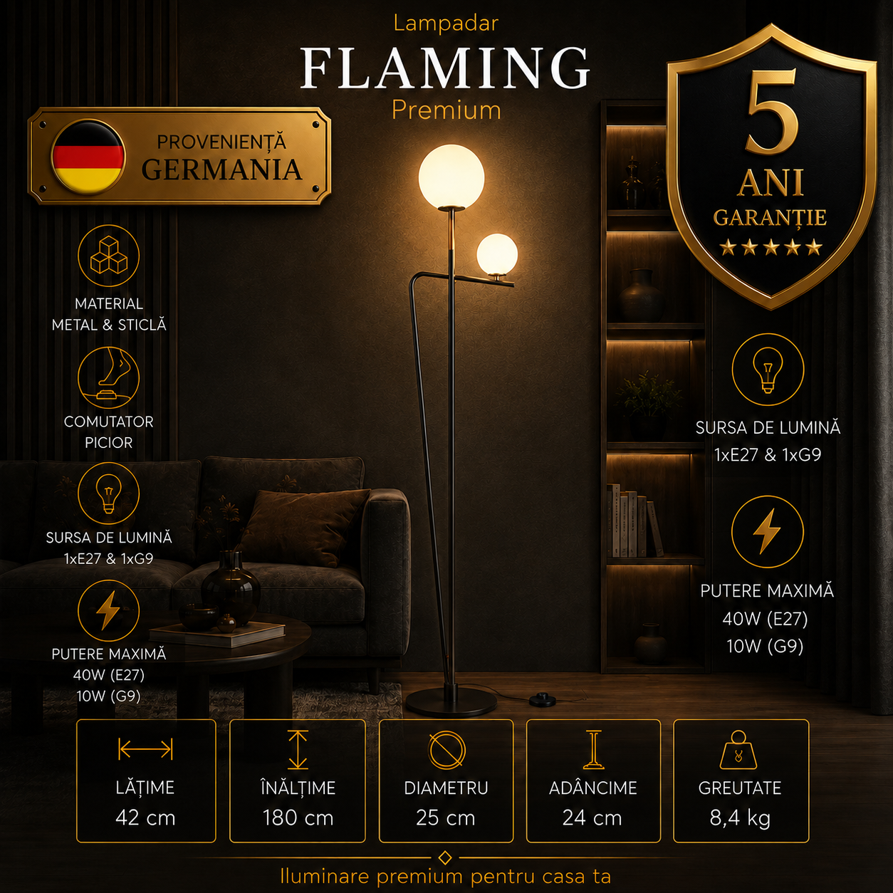 Lampadar Premium Flaming Black & Gold 180CM | 1xE27 & 1xG9