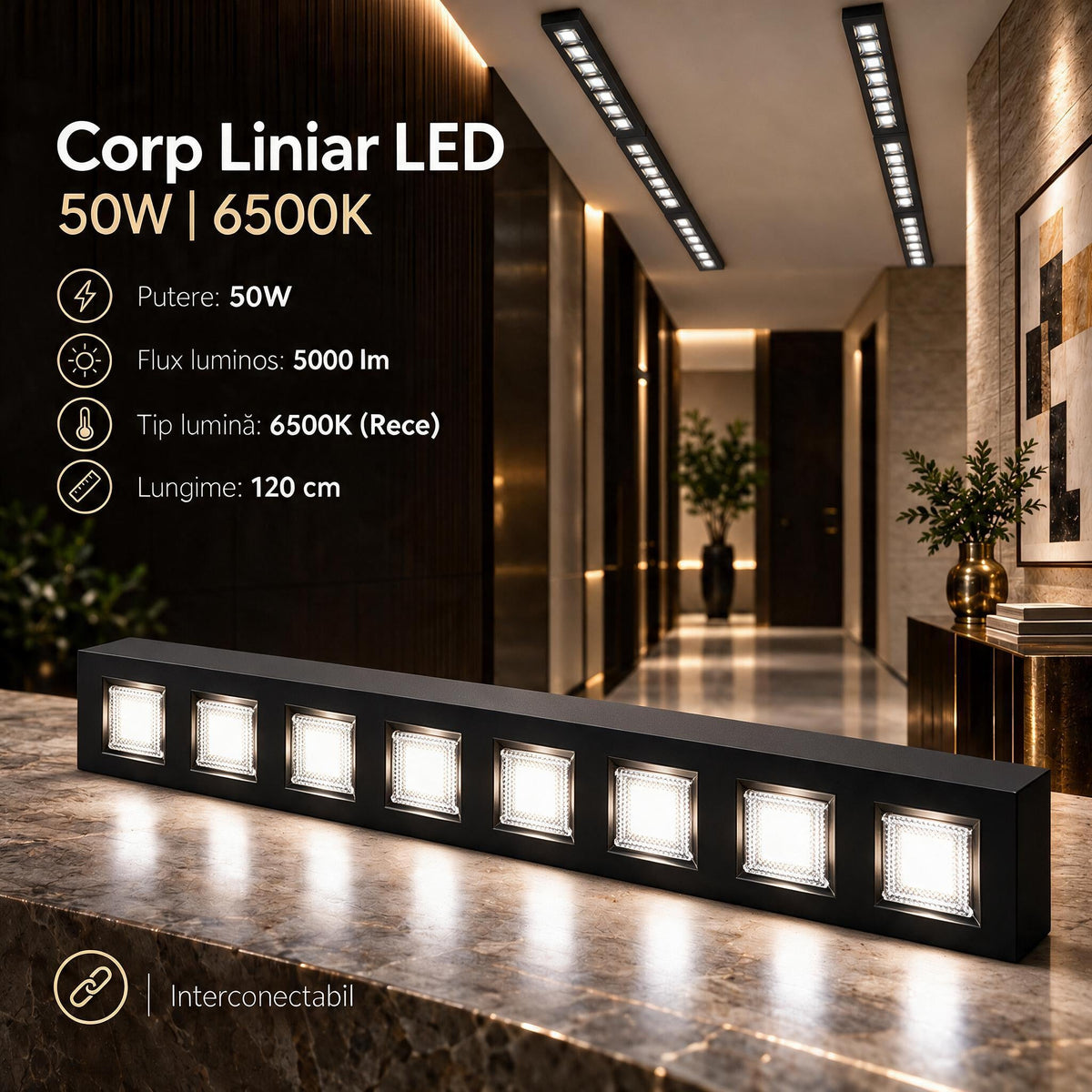 Corp Liniar LED Interconectabil Negru Moura 120CM | 50W | 6500K