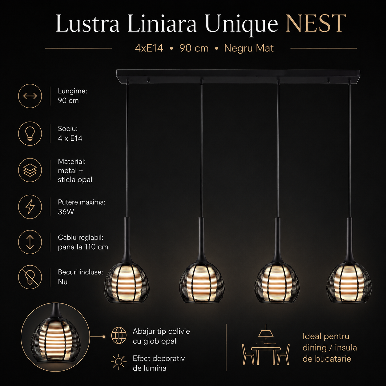 Lustra Liniara Unique Nest 4xE14 Black 90CM