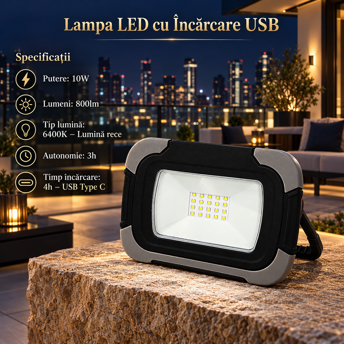 Lampa LED Panda cu Acumulator si Incarcare USB 6400K