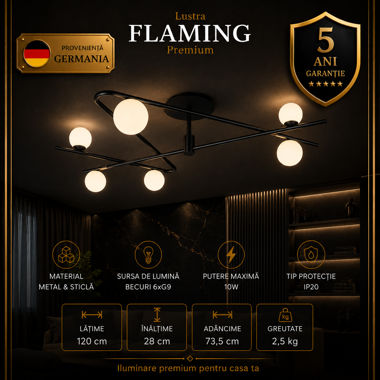 Lustra Aplicata Premium Flaming Black & Gold 6xG9