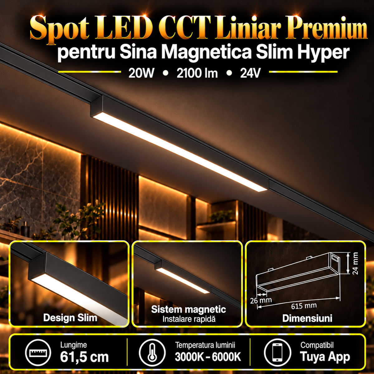 Spot LED Magnetic Liniar Premium Hyper Black 20W | 61.5CM | 24V | 3 Tipuri de Lumina