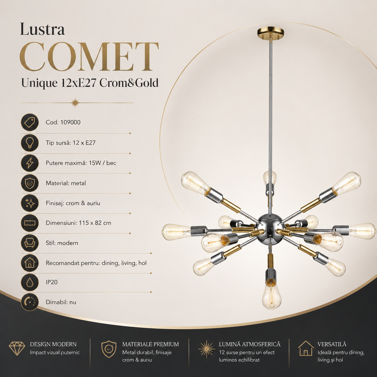 Lustra COMET Unique 12xE27 Crom&Gold