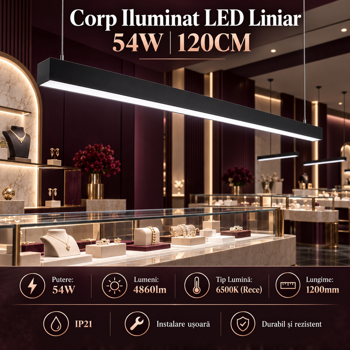 Corp Iluminat LED Liniar 54W 120cm Suspendat/Aplicat Negru