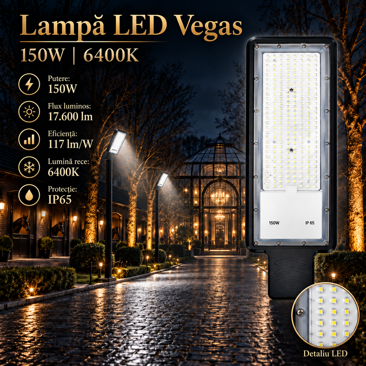 Lampa LED Iluminat Stradal Vegas Black 150W | 17600lm | 6400K | IP65