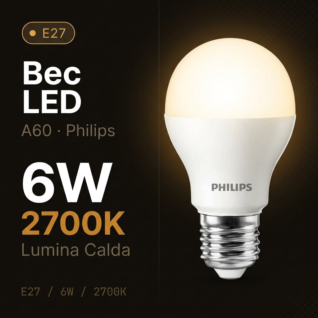 Bec LED A60 Mat Philips E27 Lumina Calda 6W Echivalent 40W