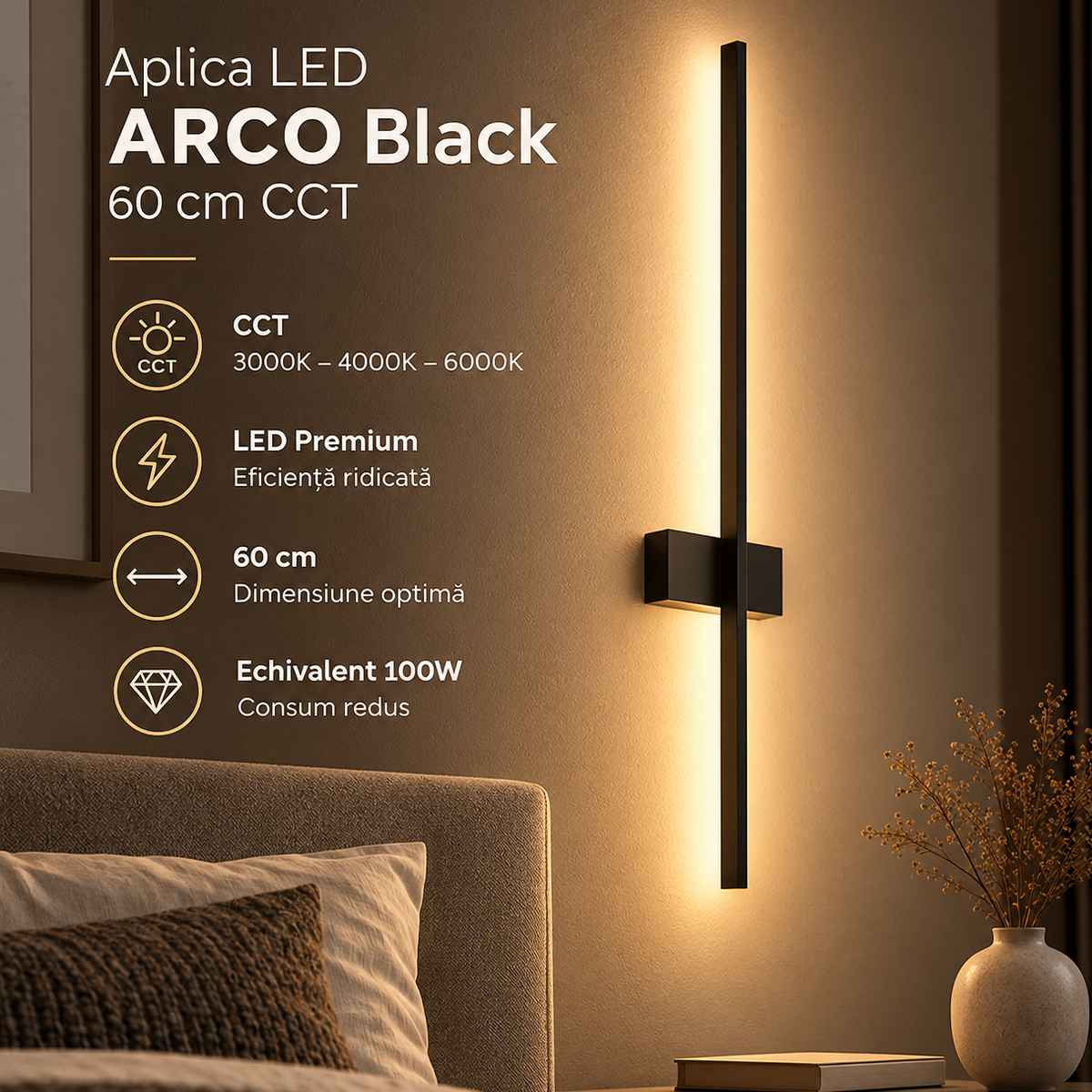 Aplica LED ARCO Black 60cm CCT Echivalent 100W Premium