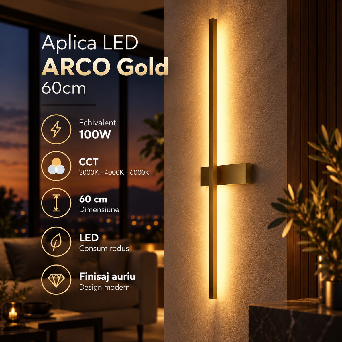 Aplica LED ARCO Gold 60cm CCT Echivalent 100W Premium