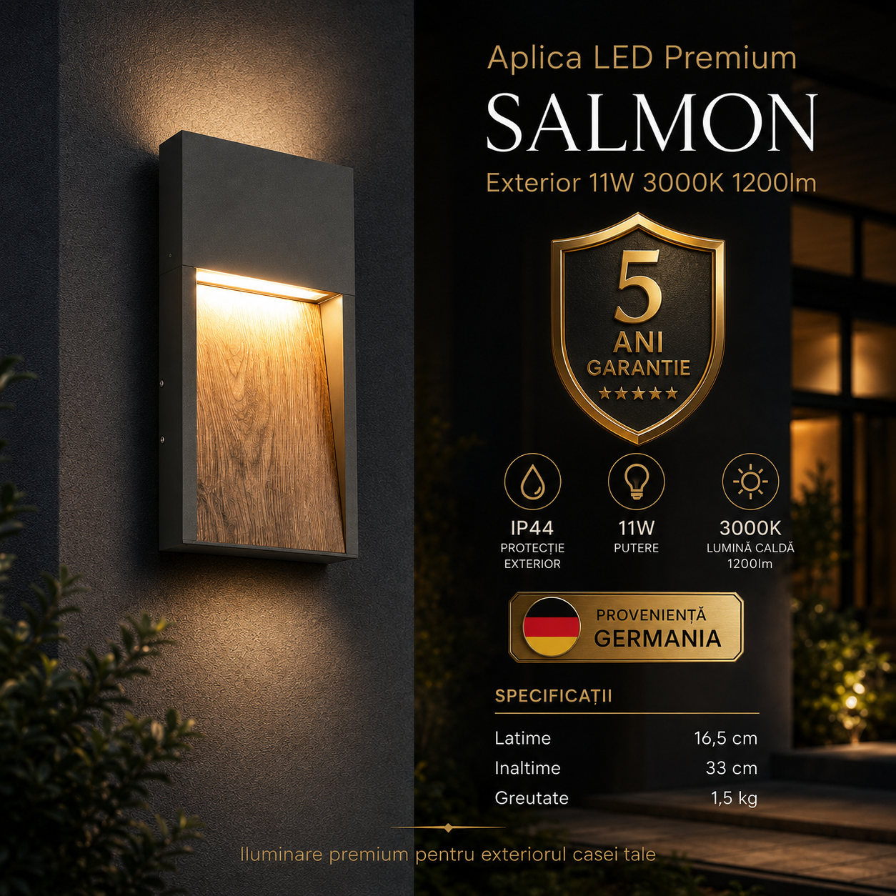 Aplica LED Premium SALMON Exterior 11W 3000K 1200lm