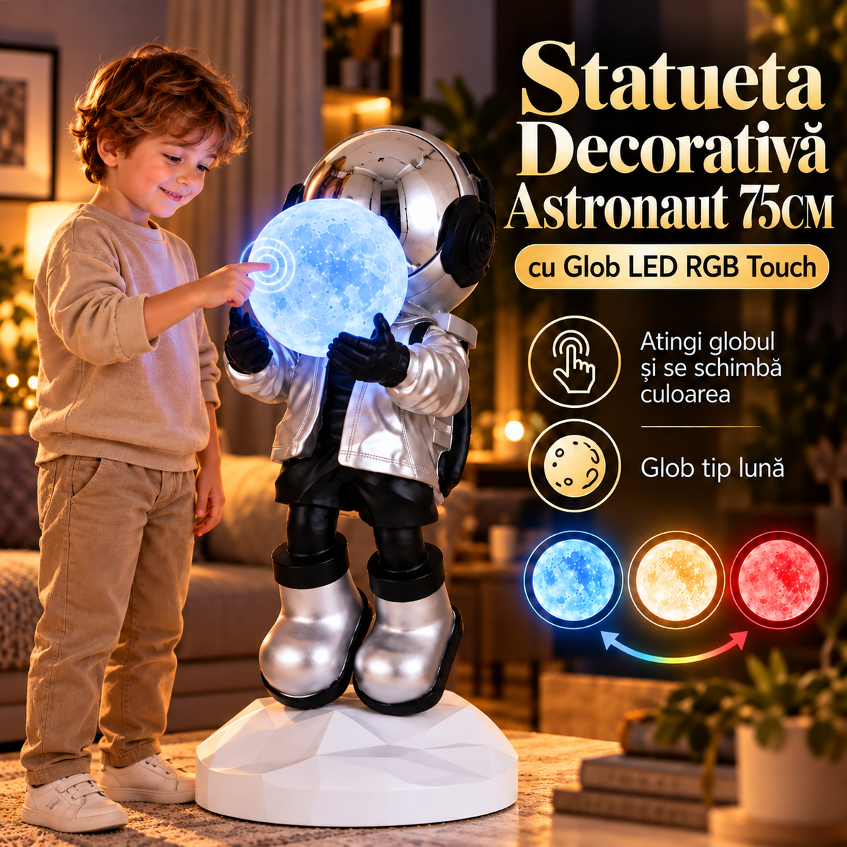 Statueta Decorativa Astronaut 75CM cu Glob LED RGB Touch