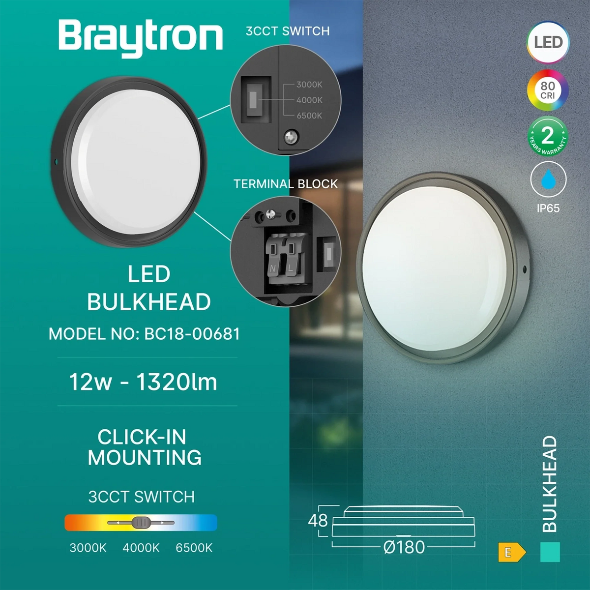 Plafoniera LED Exterior Bulkhead Black IP65 | 12W | 3 Tipuri de Lumina