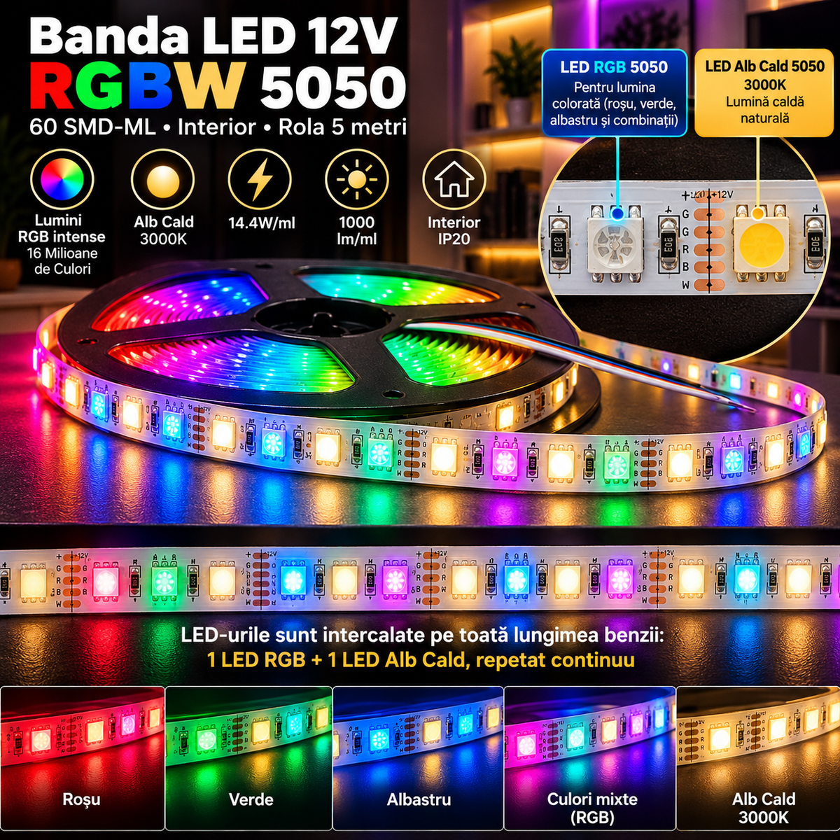 Banda LED 12V - RGBW 5050 60 SMD-ML Interior RGB+Alb Cald - rola 5 metri