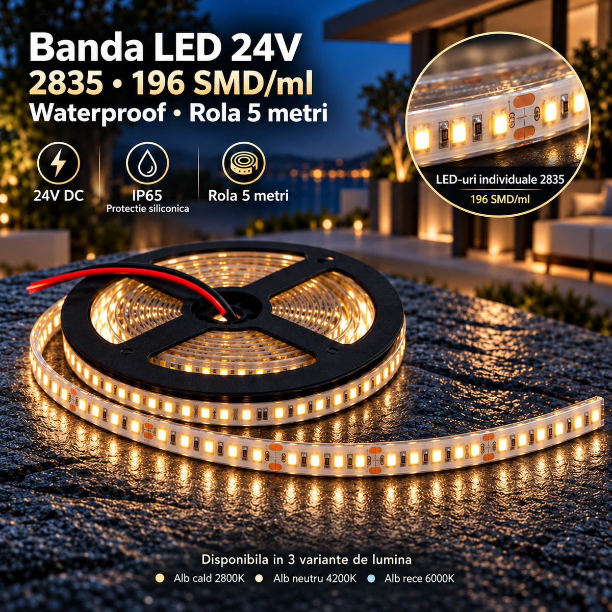 Banda LED 24V - 2835 196 SMD/ml Waterproof - rola 5 metri