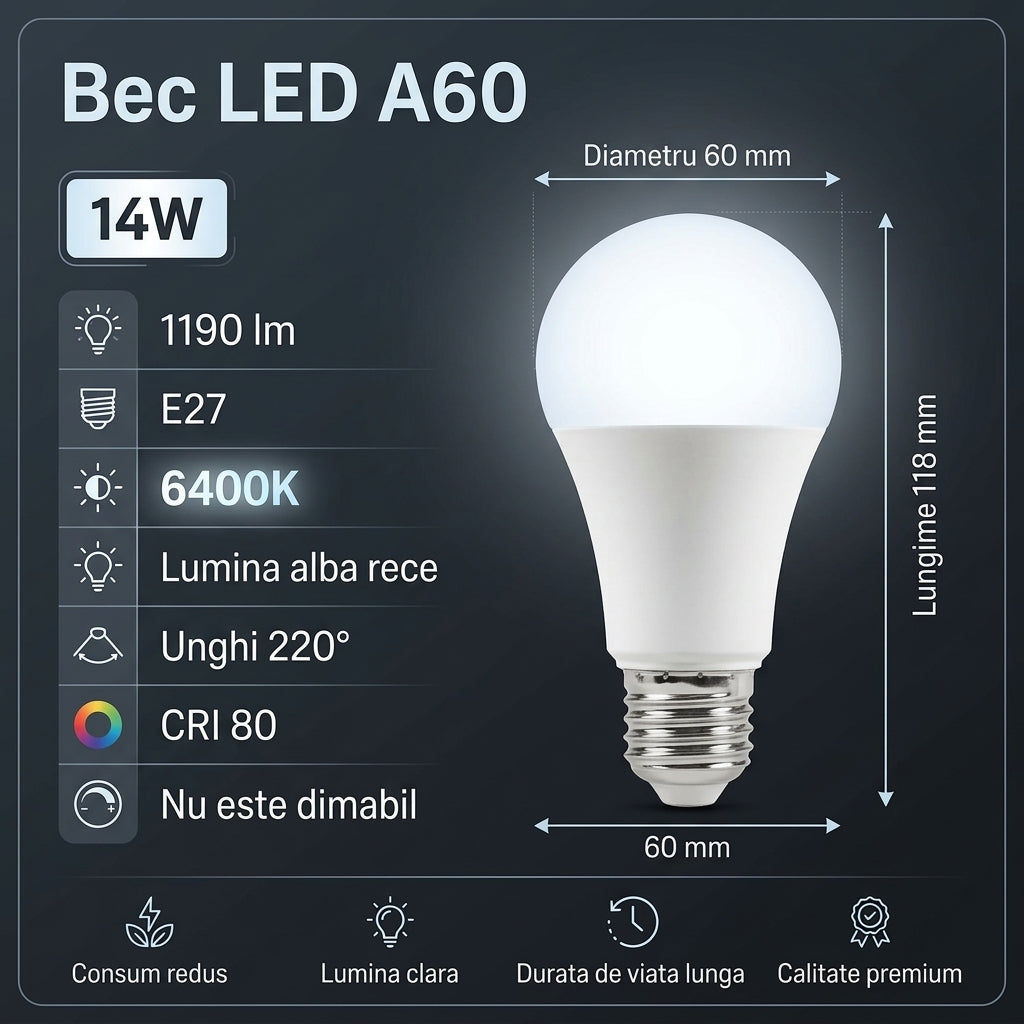 Bec LED Polar A60 Mat E27 Lumina Rece 14W Echivalent 100W