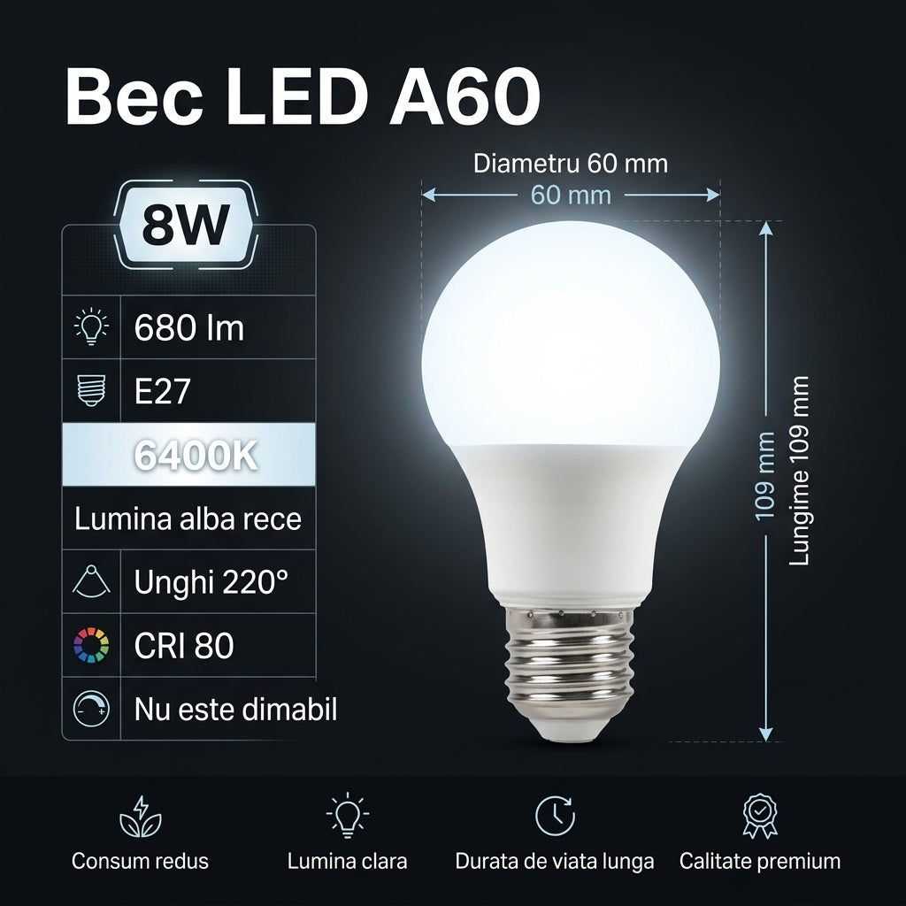 Bec LED A60 Mat E27 Lumina Rece 8W Echivalent 50W