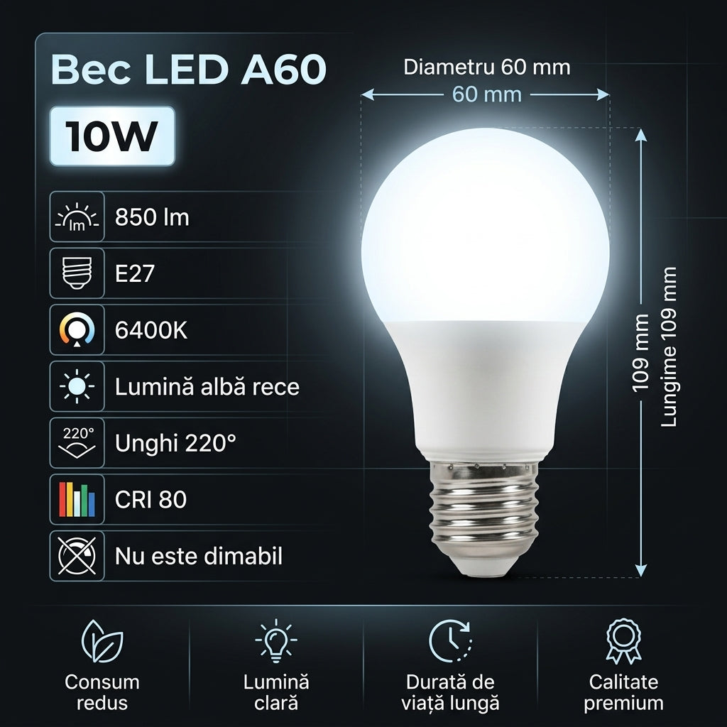 Bec LED A60 Mat E27 Lumina Rece 10W Echivalent 60W