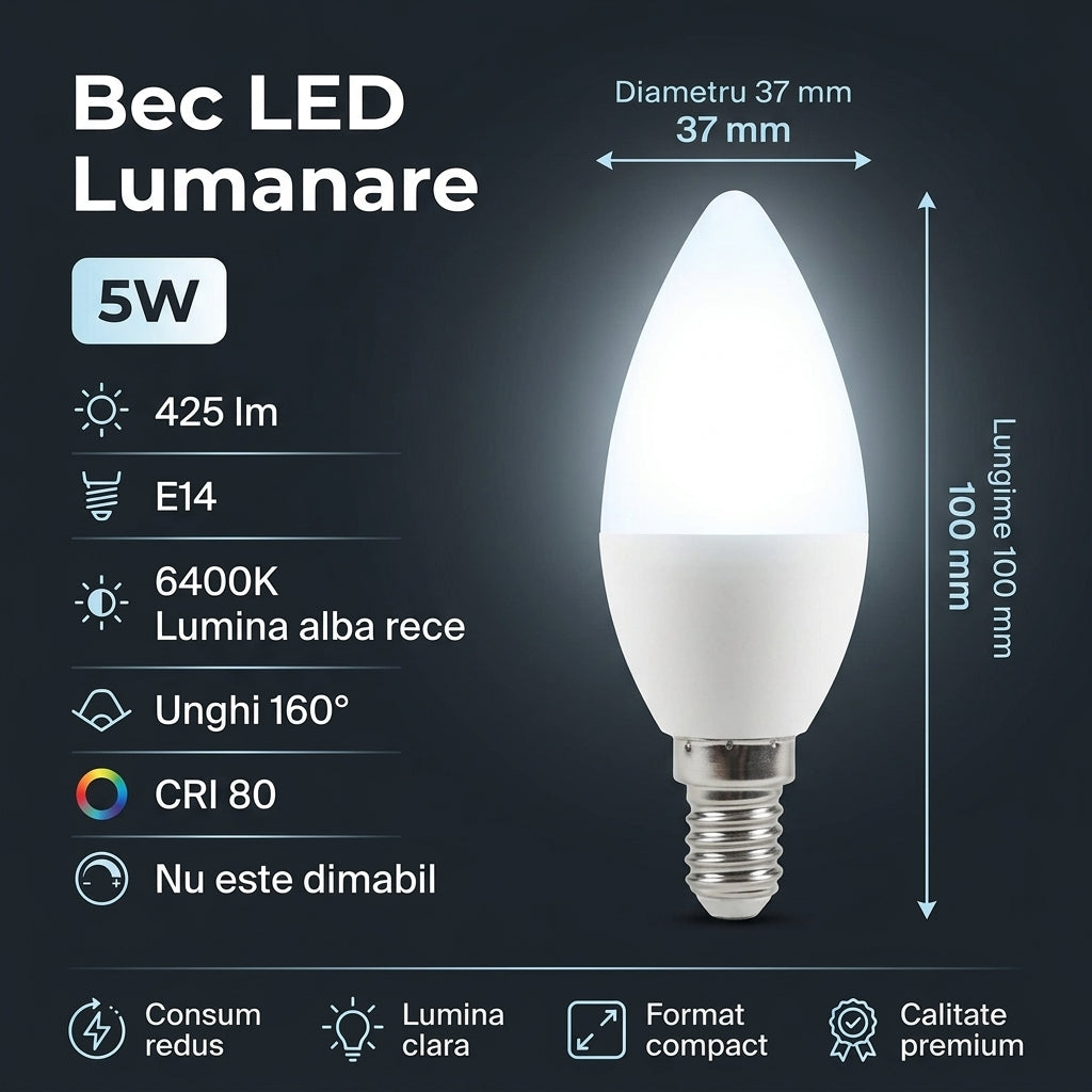 Bec LED E14 5W Lumanare Mat, 425lm, Echivalent 40W Alb Rece