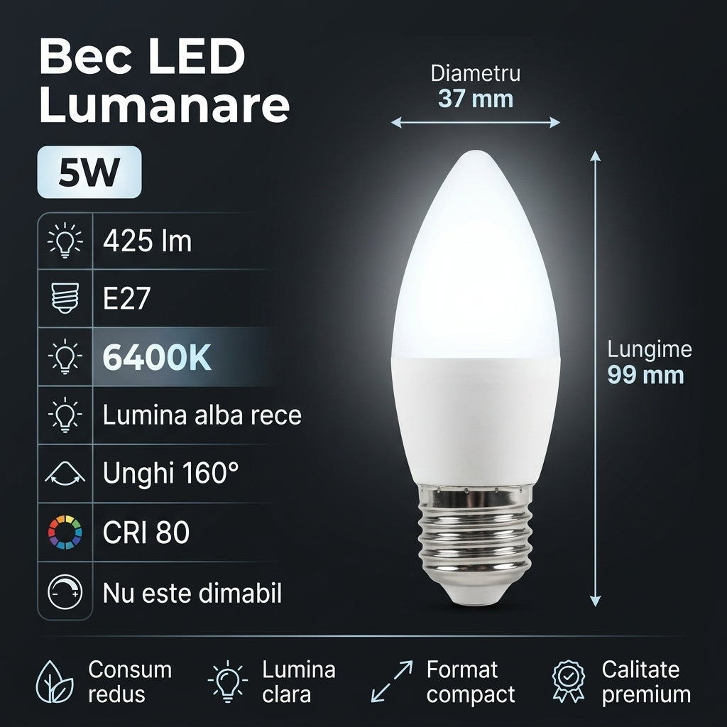 Bec LED E27 5W Lumanare Mat, 425lm, Echivalent 40W Alb Rece