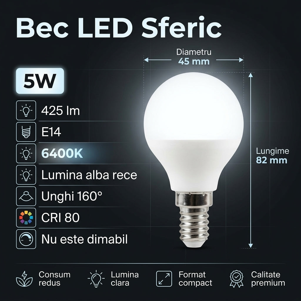 Bec LED Sfera Polar Mat E14 Lumina Rece 5W Echivalent 40W