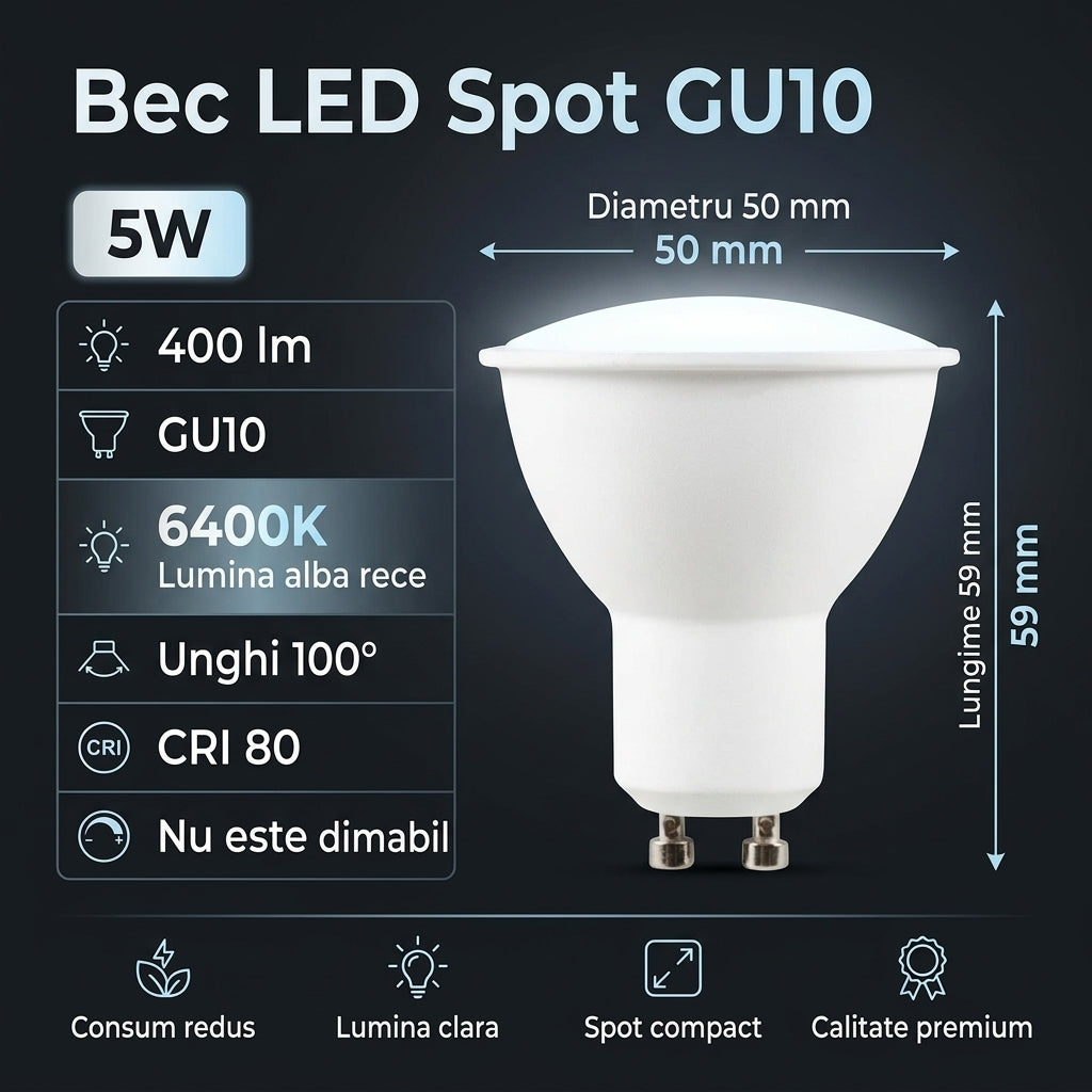Bec LED Spot Polar Spot Mat GU10 Lumina Rece 5W Echivalent 35W