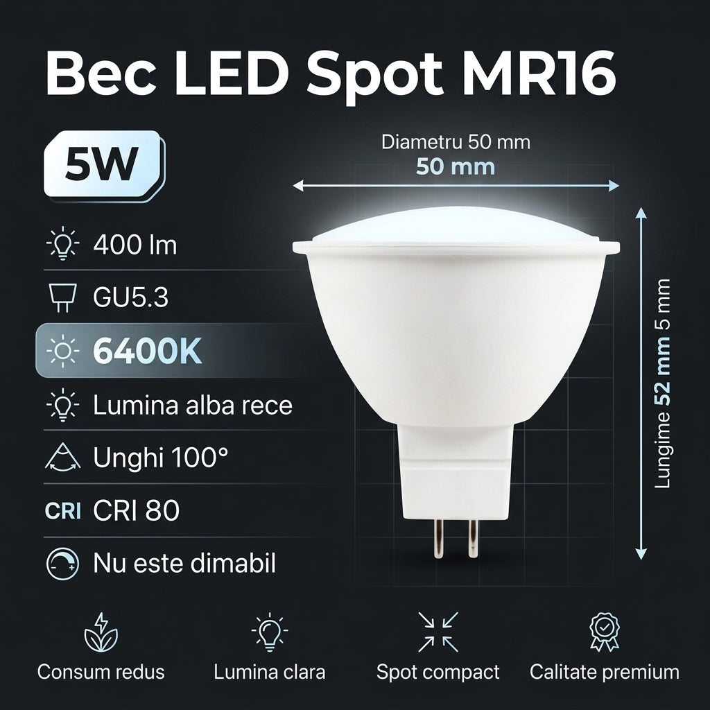 Bec LED Focus Polar MR16 Mat GU5.3 Lumina Rece 5W Echivalent 35W