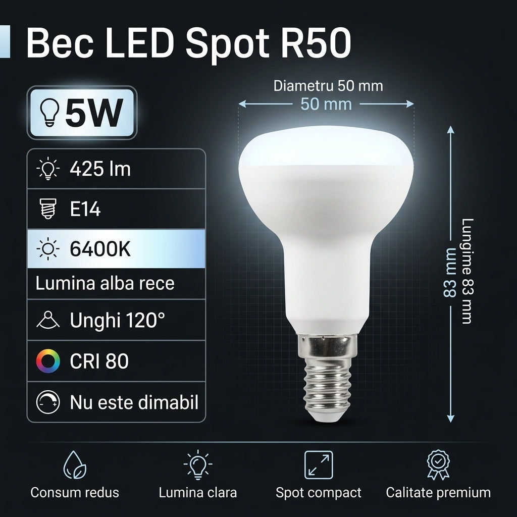Bec LED Spot R50 E14 Lumina Rece 5W Echivalent 40W