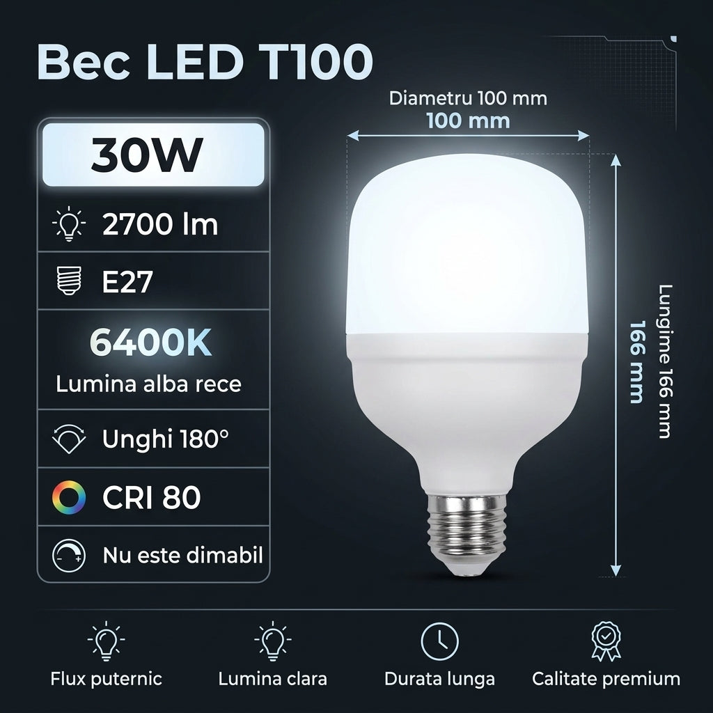 Bec LED Titan Polar T100 Mat E27 Lumina Rece 30W Echivalent 200W