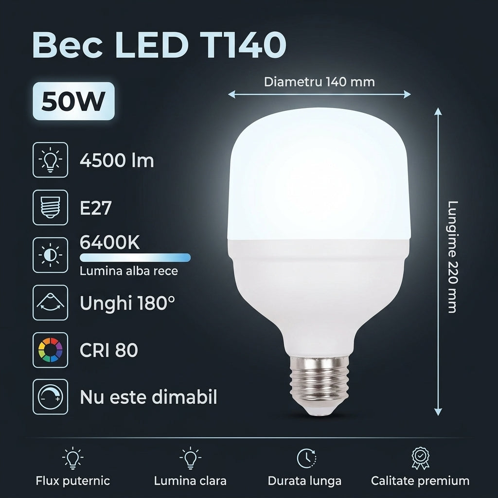 Bec LED Titan Polar T140 Mat E27 Lumina Rece 50W Echivalent 300W