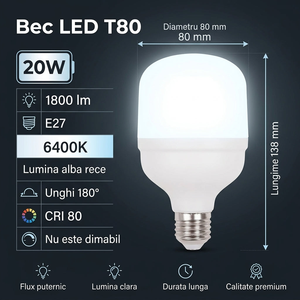 Bec LED Titan Polar T80 Mat E27 Lumina Rece 20W Echivalent 150W