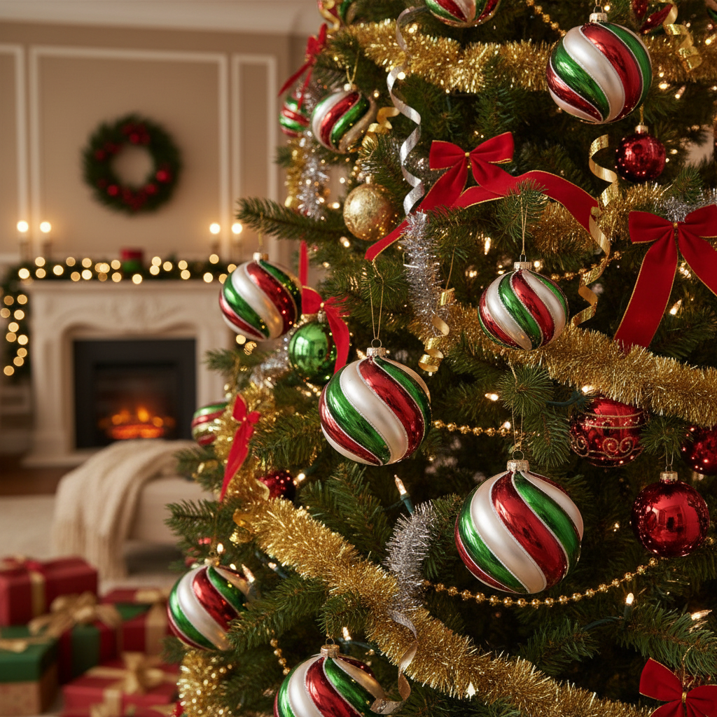 Set 6 Globuri Design Spiralat Rosu Verde si Alb