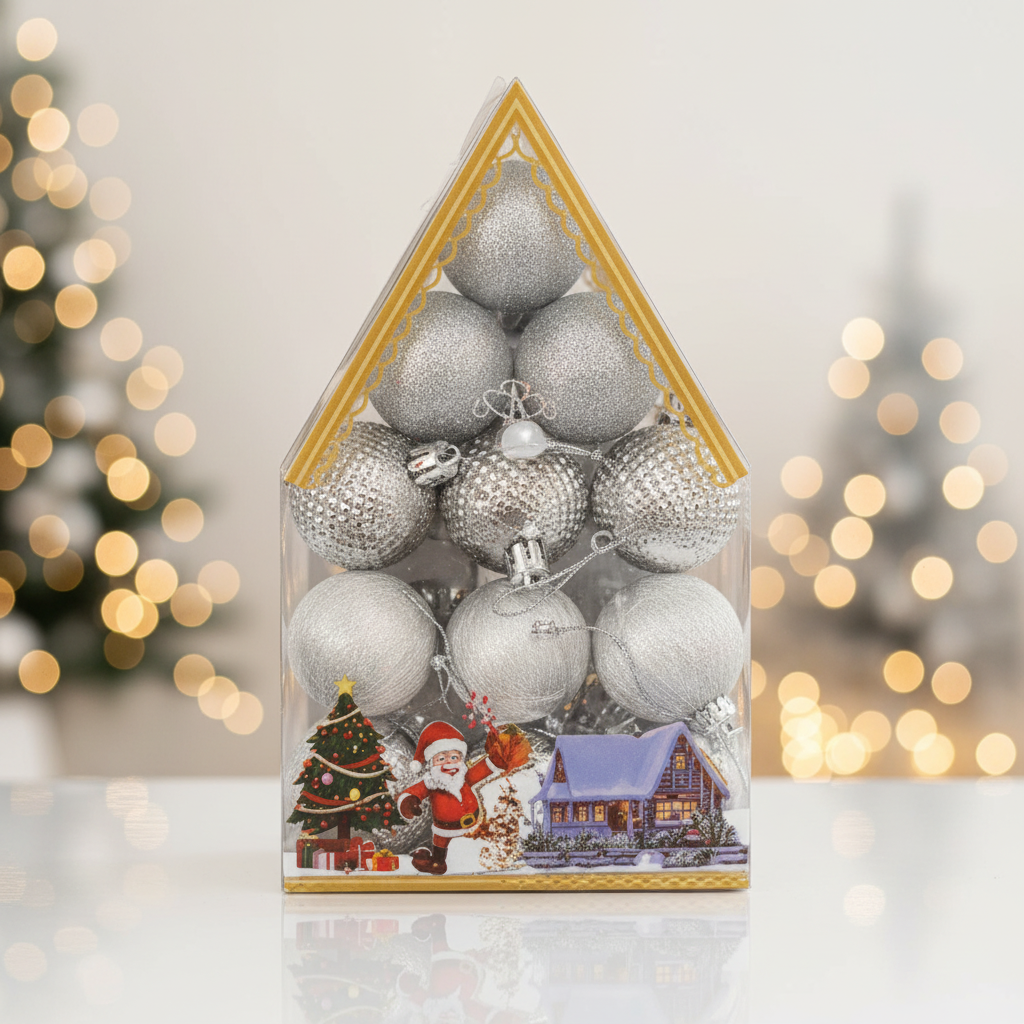 Set 12 Globuri Argintii Diverse Texturi