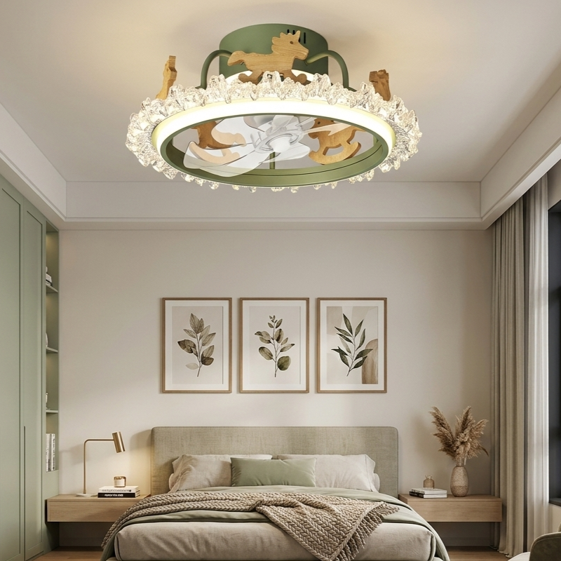 Lustra LED RELOB Green & White cu Ventilator Ø50CM Echivalent 500W Telecomanda