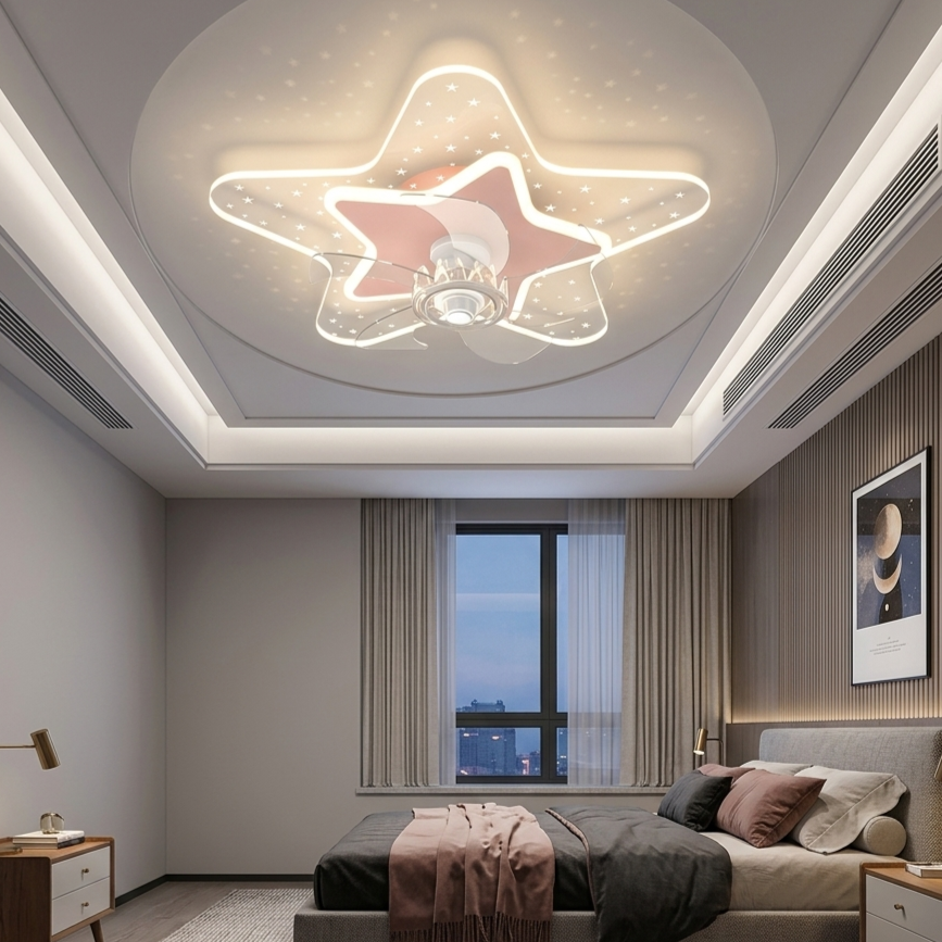 Lustra LED LEMOR Red & White cu Ventilator Ø50CM Echivalent 350W Telecomanda
