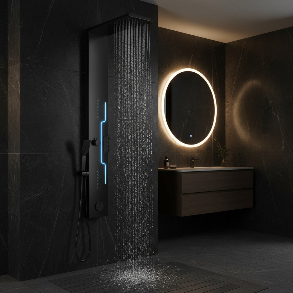 Panou de Dus Premium Black AquaSpectra - LED, Masaj, 144CM