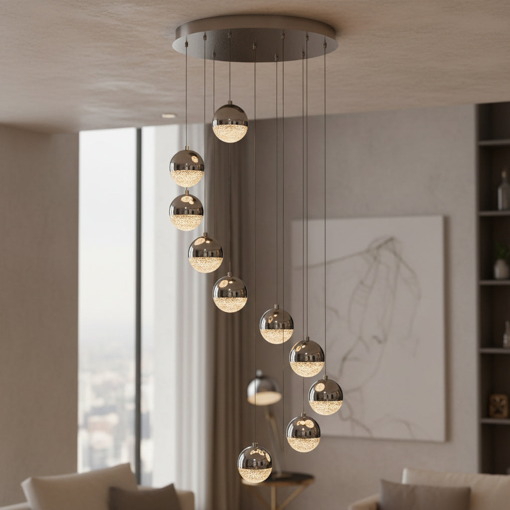 Lustra LED Grapes Silver Multi-Level Echivalent 600W Telecomanda